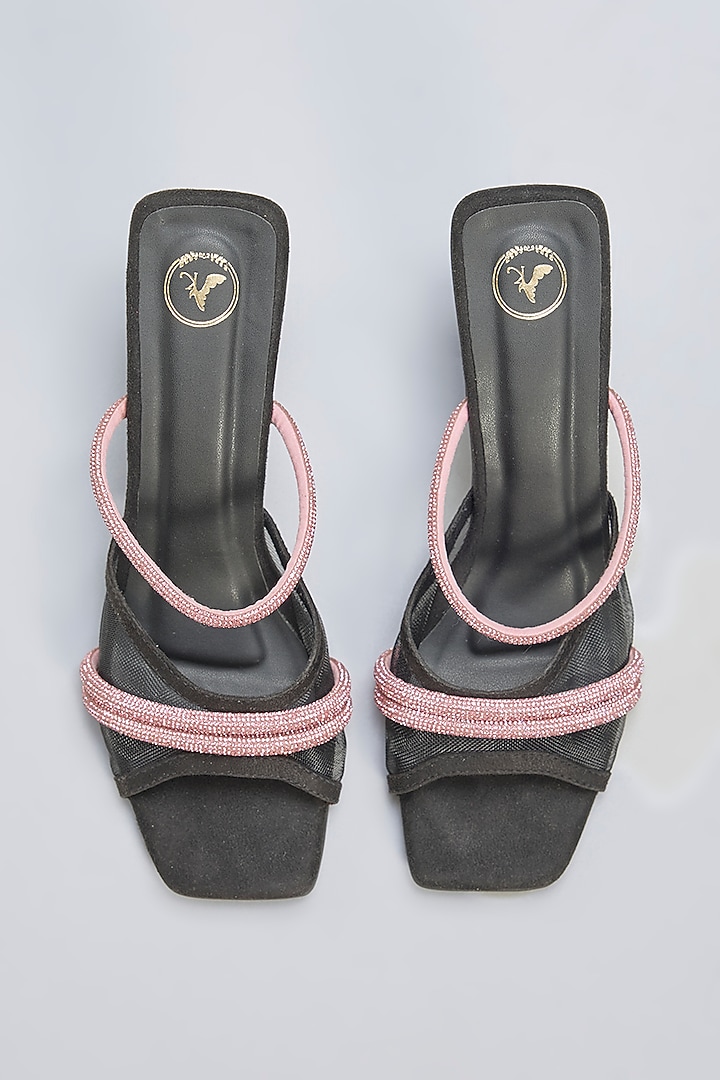 Black Vegan Leather Pink Rhinestone Embellished Square-Shaped Heels by Sana K Luxurious Footwear at Pernia's Pop Up Shop