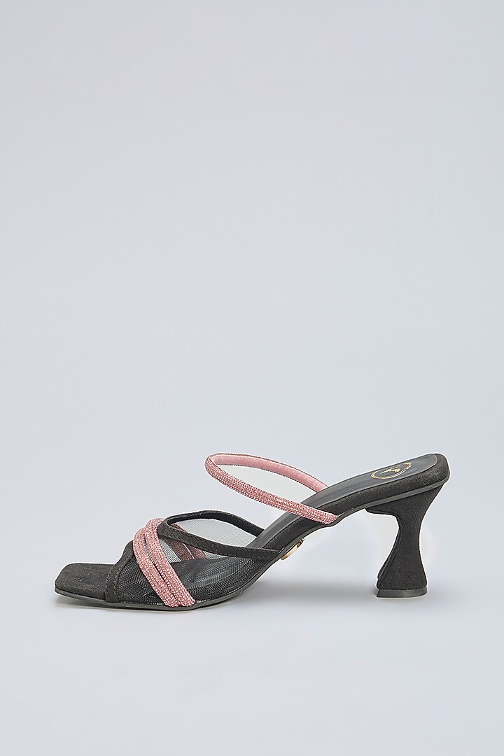 Black Vegan Leather Pink Rhinestone Embellished Square-Shaped Heels by Sana K Luxurious Footwear at Pernia's Pop Up Shop