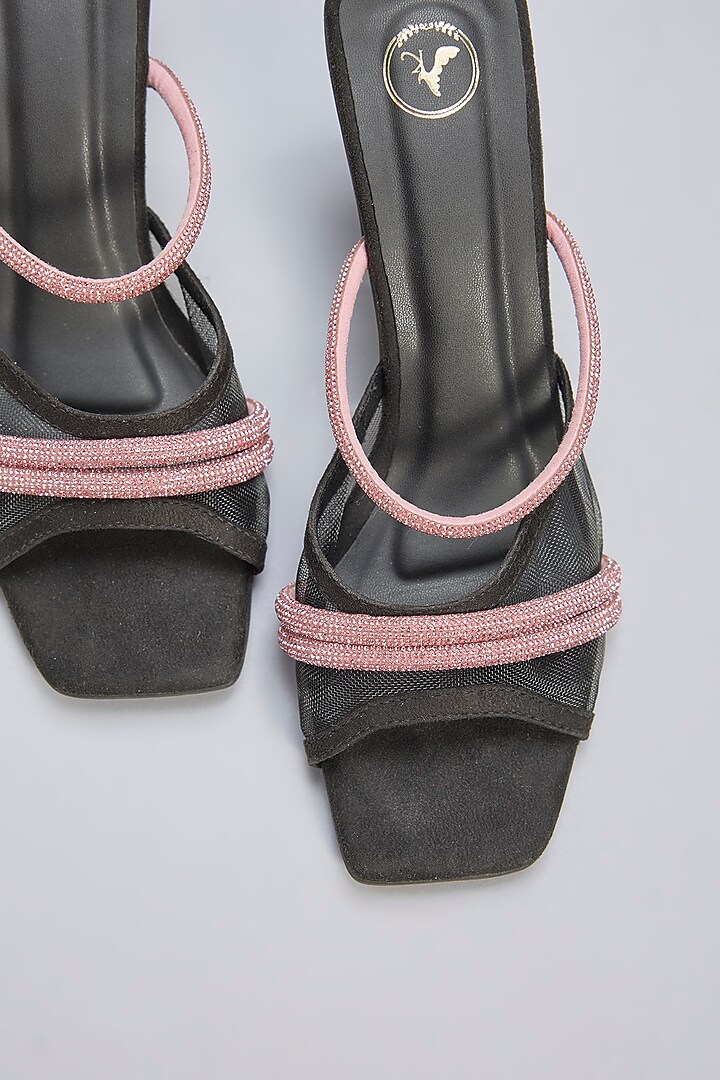 Black Vegan Leather Pink Rhinestone Embellished Square-Shaped Heels by Sana K Luxurious Footwear at Pernia's Pop Up Shop