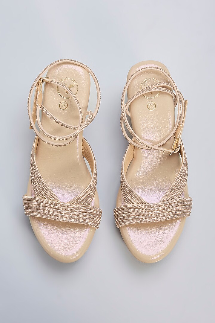 Gold Vegan Leather Champagne Rhinestone Embellished Wedges by Sana K Luxurious Footwear at Pernia's Pop Up Shop