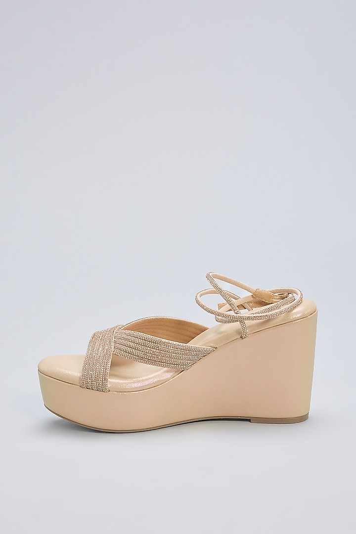 Gold Vegan Leather Champagne Rhinestone Embellished Wedges by Sana K Luxurious Footwear at Pernia's Pop Up Shop