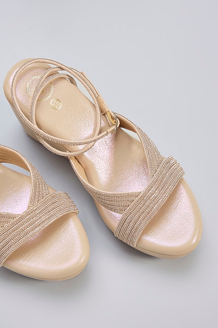 Gold Vegan Leather Champagne Rhinestone Embellished Wedges by Sana K Luxurious Footwear at Pernia's Pop Up Shop