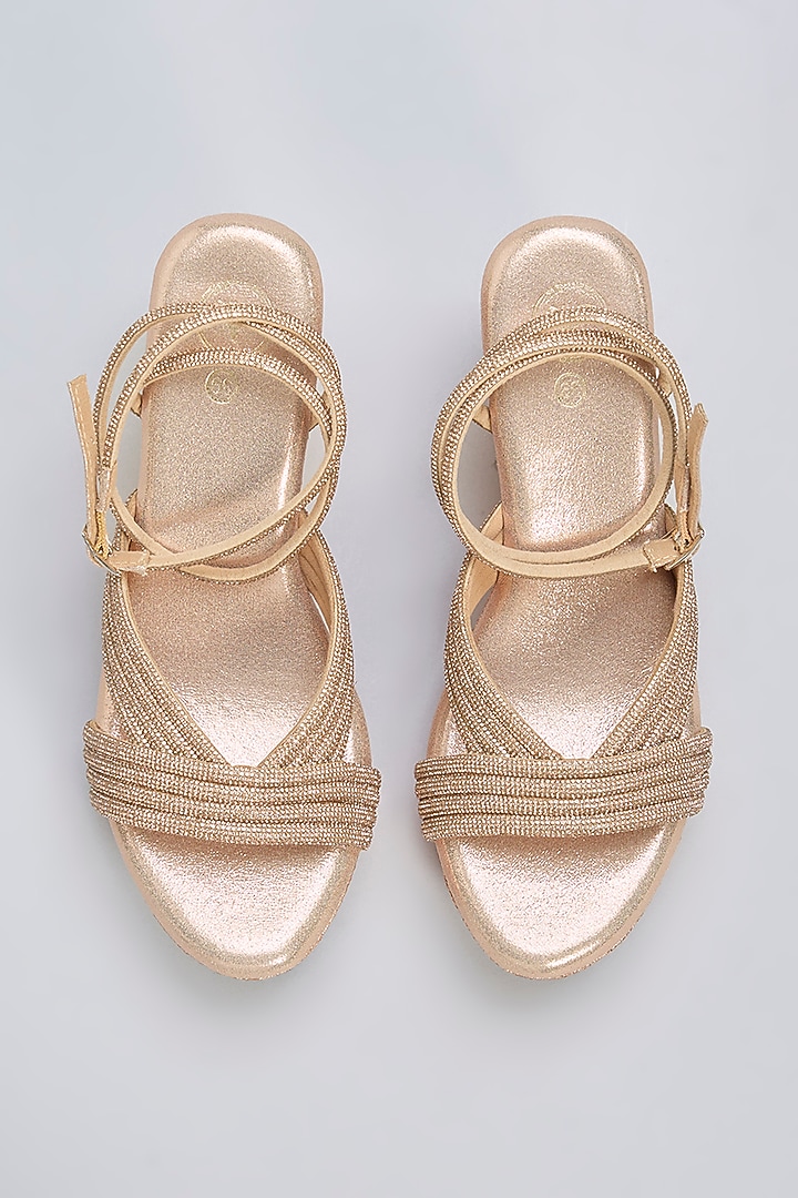 Rose Gold Vegan Leather Rhinestone Embellished Wedges by Sana K Luxurious Footwear at Pernia's Pop Up Shop