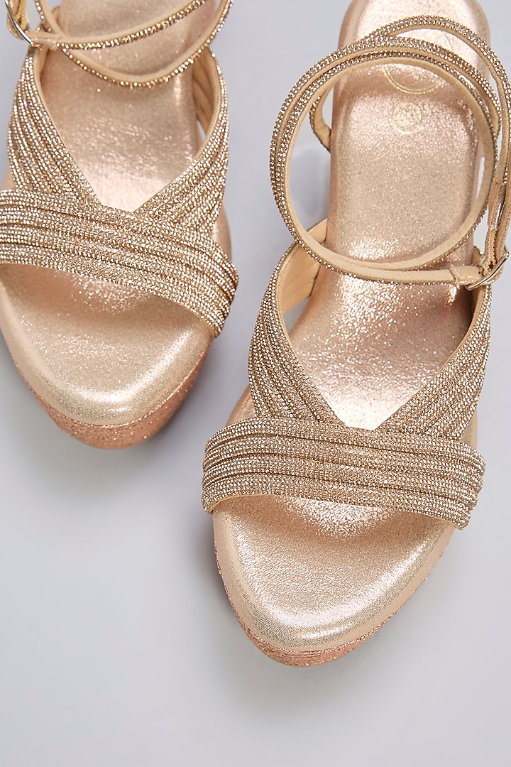 Rose Gold Vegan Leather Rhinestone Embellished Wedges by Sana K Luxurious Footwear at Pernia's Pop Up Shop