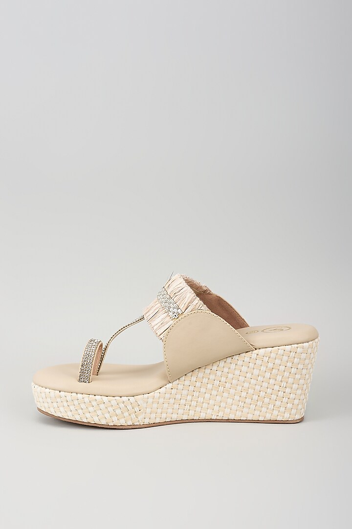 Beige Synthetic Leather Sequins Embellished Kolhapuri Wedges by Sana K Luxurious Footwear at Pernia's Pop Up Shop