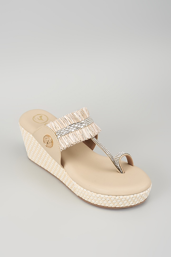 Beige Synthetic Leather Sequins Embellished Kolhapuri Wedges by Sana K Luxurious Footwear at Pernia's Pop Up Shop