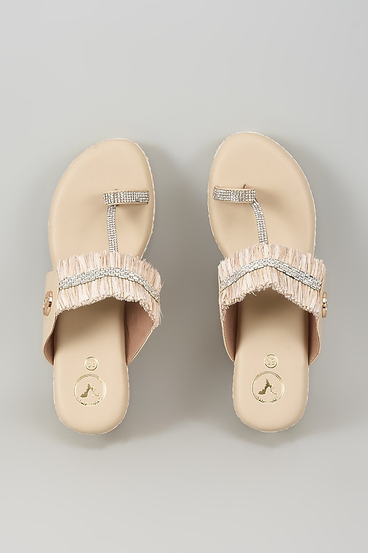 Beige Synthetic Leather Sequins Embellished Kolhapuri Wedges by Sana K Luxurious Footwear at Pernia's Pop Up Shop