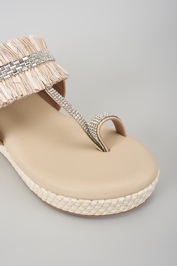 Beige Synthetic Leather Sequins Embellished Kolhapuri Wedges by Sana K Luxurious Footwear at Pernia's Pop Up Shop