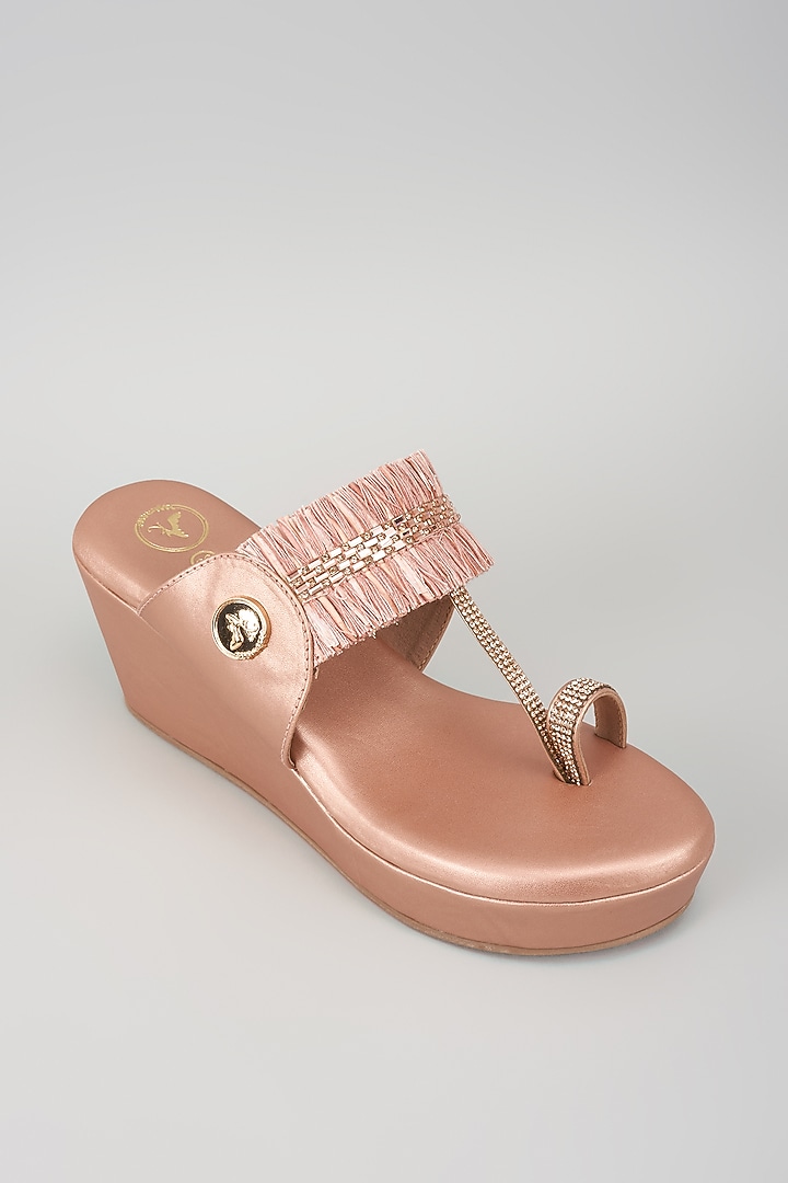 Pink Synthetic Leather Bead Embroidered Kolhapuri Wedges by Sana K Luxurious Footwear at Pernia's Pop Up Shop