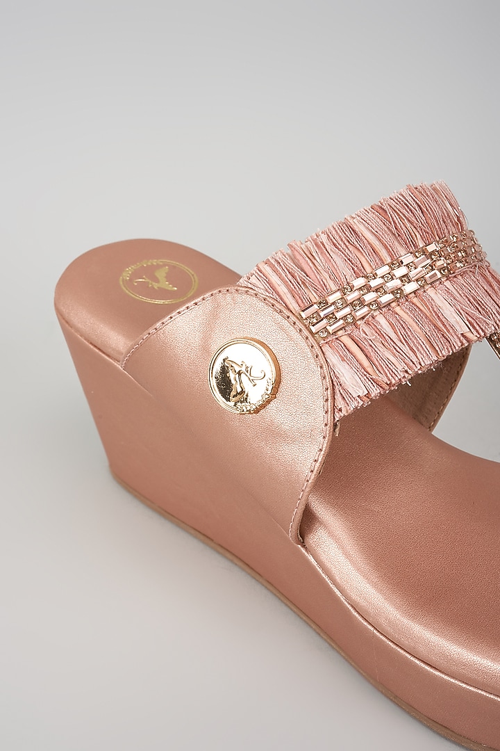 Pink Synthetic Leather Bead Embroidered Kolhapuri Wedges by Sana K Luxurious Footwear at Pernia's Pop Up Shop