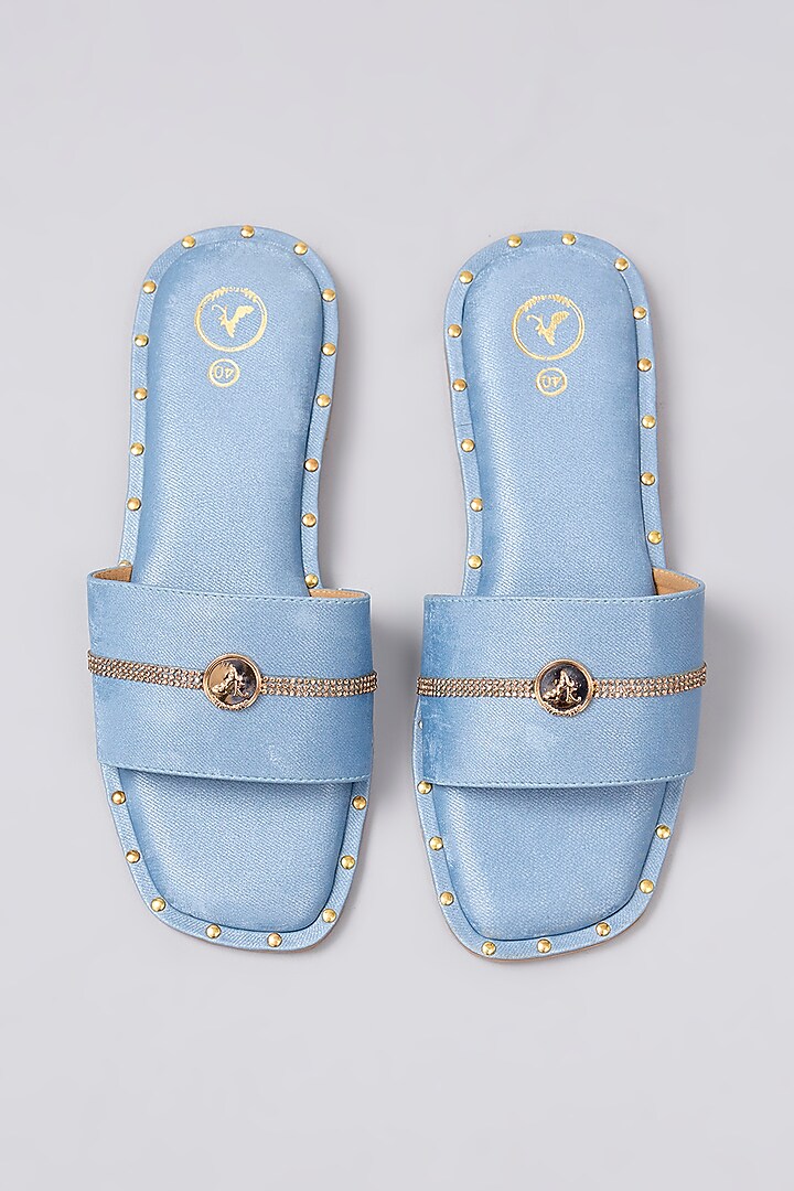 Blue Vegan Leather & Denim Suede Rhinestone Embellished Handcrafted Flats by Sana K Luxurious Footwear at Pernia's Pop Up Shop