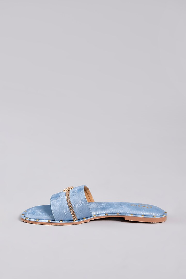 Blue Vegan Leather & Denim Suede Rhinestone Embellished Handcrafted Flats by Sana K Luxurious Footwear at Pernia's Pop Up Shop