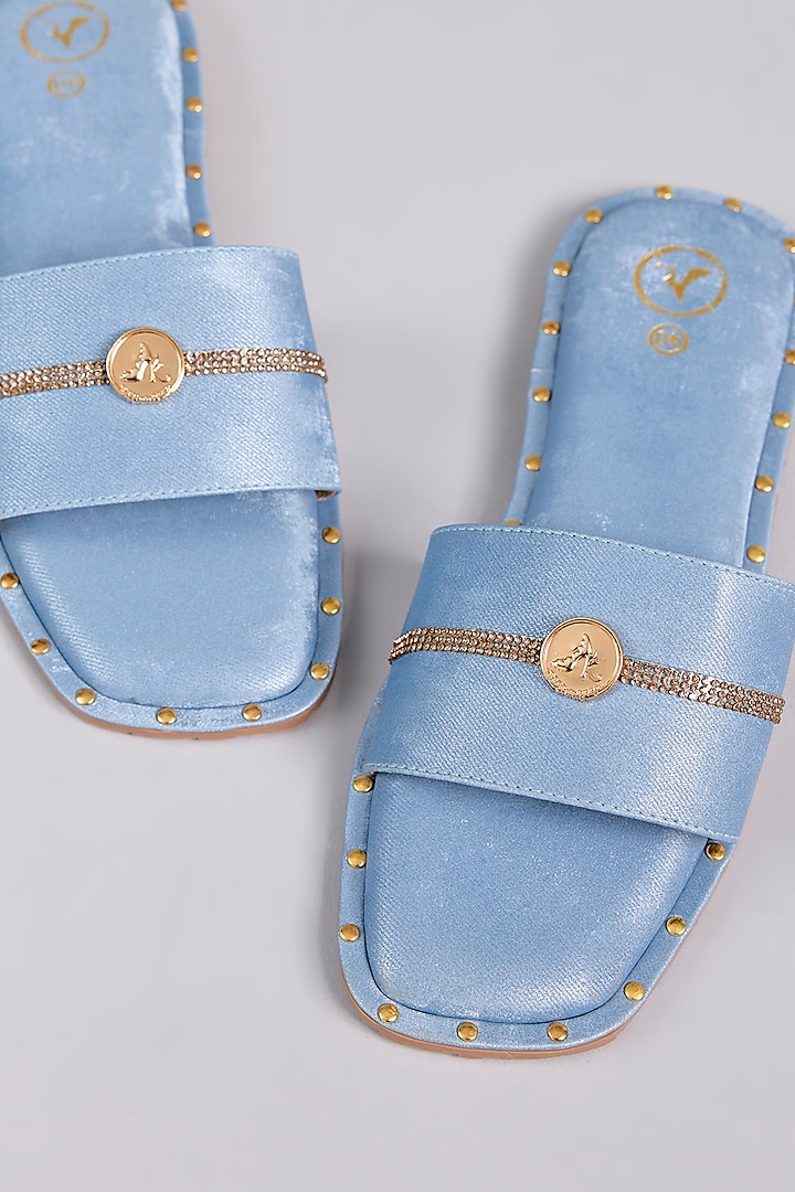 Blue Vegan Leather & Denim Suede Rhinestone Embellished Handcrafted Flats by Sana K Luxurious Footwear at Pernia's Pop Up Shop