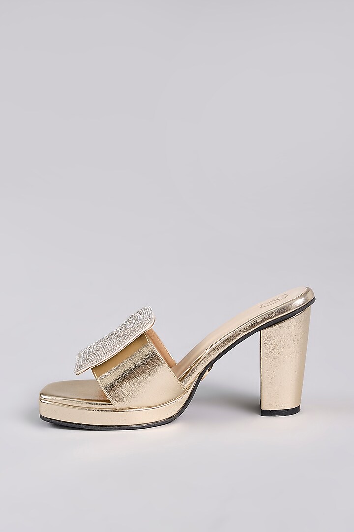 Gold Vegan Leather Open-Toe Heels by Sana K Luxurious Footwear at Pernia's Pop Up Shop
