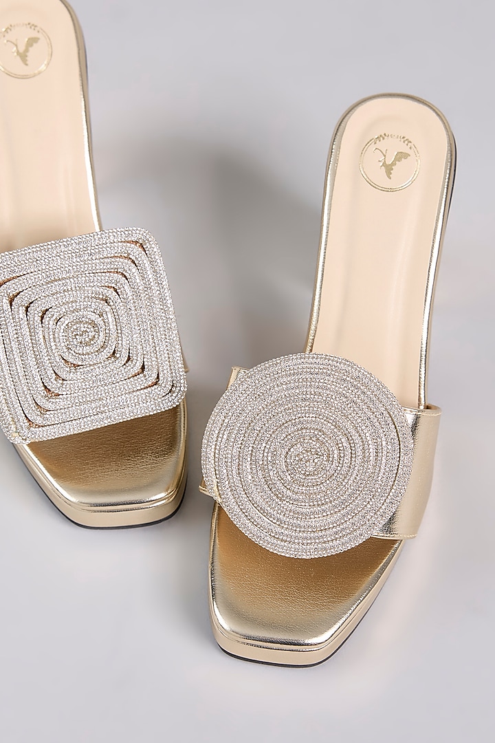 Gold Vegan Leather Open-Toe Heels by Sana K Luxurious Footwear at Pernia's Pop Up Shop