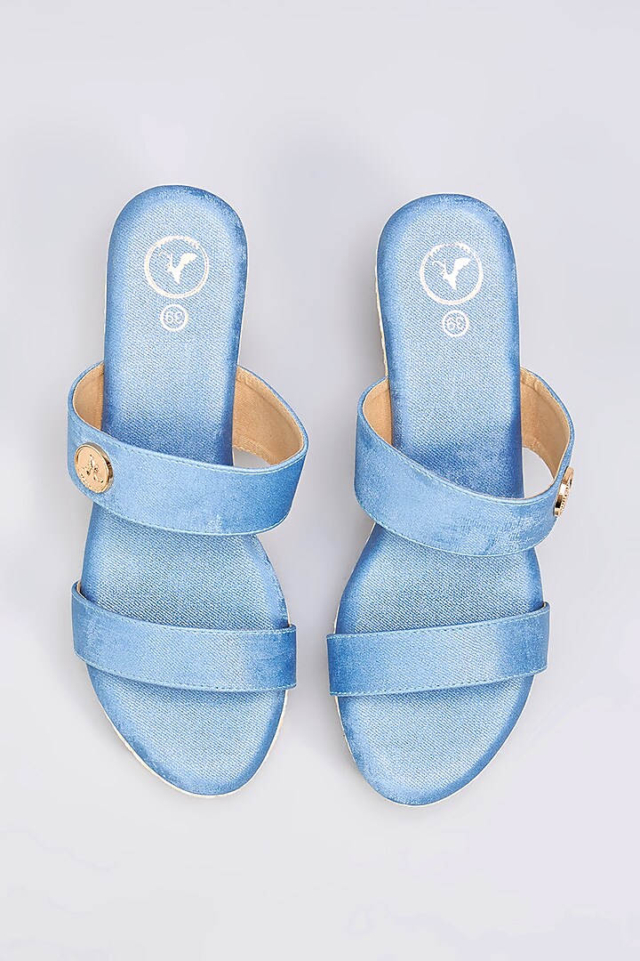 Blue Denim Open Toe Slip-On Wedges by Sana K Luxurious Footwear at Pernia's Pop Up Shop