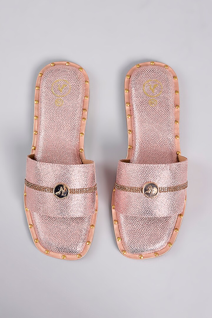 Pink Vegan Leather Rhinestone Embellished Handcrafted Flats by Sana K Luxurious Footwear at Pernia's Pop Up Shop