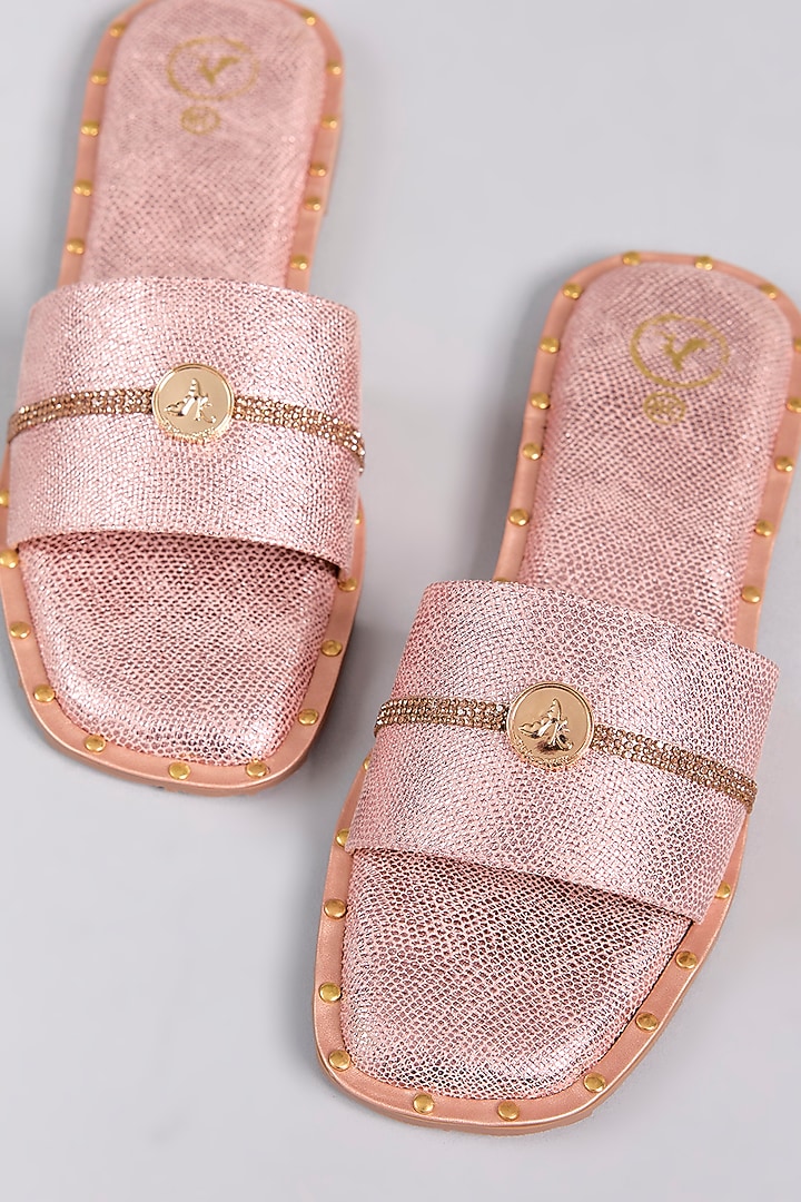 Pink Vegan Leather Rhinestone Embellished Handcrafted Flats by Sana K Luxurious Footwear at Pernia's Pop Up Shop