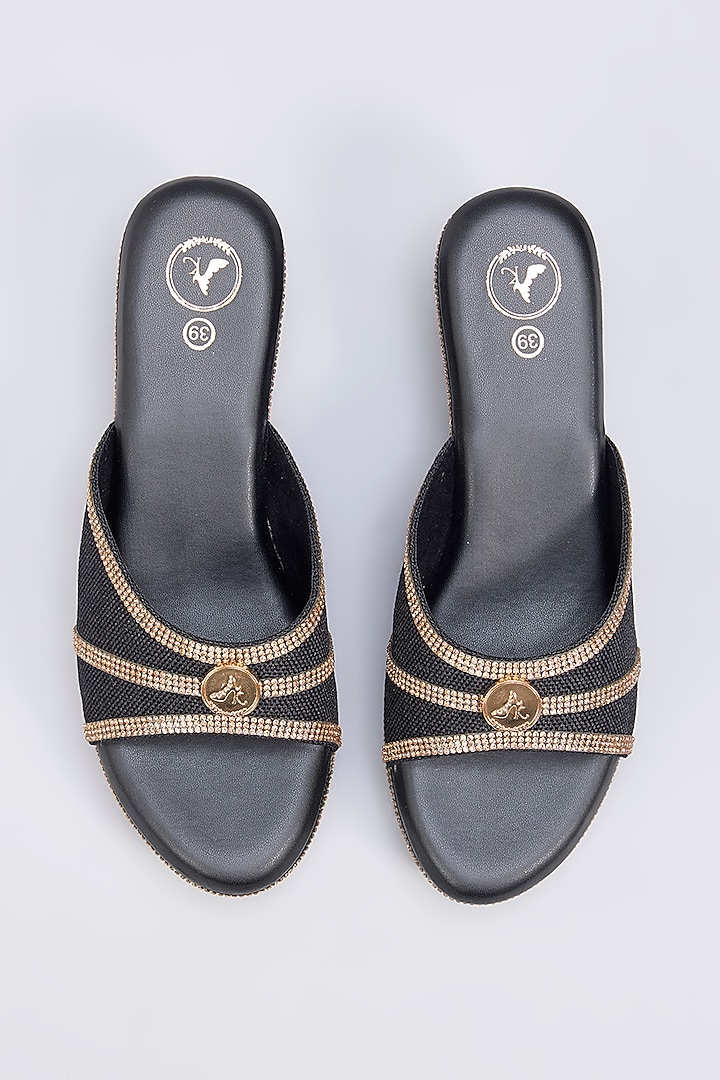 Black Synthetic Leather Open Toe Slip-On Wedges by Sana K Luxurious Footwear at Pernia's Pop Up Shop