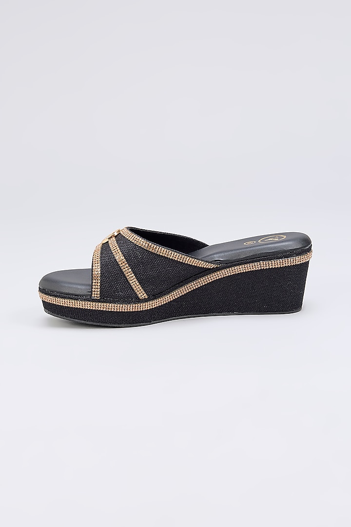 Black Synthetic Leather Open Toe Slip-On Wedges by Sana K Luxurious Footwear at Pernia's Pop Up Shop