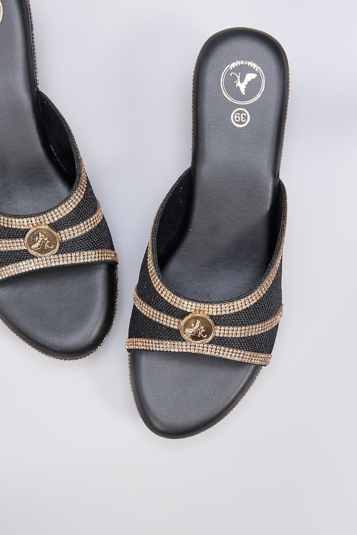 Black Synthetic Leather Open Toe Slip-On Wedges by Sana K Luxurious Footwear at Pernia's Pop Up Shop