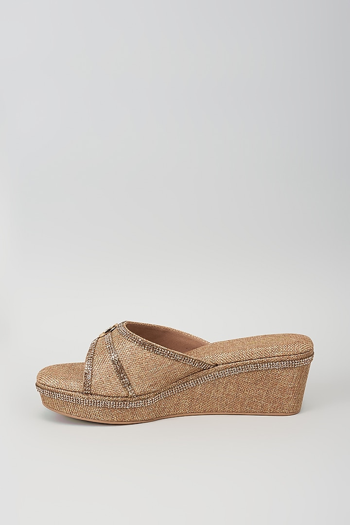 Gold Synthetic Leather Metallic Embroidered Wedges by Sana K Luxurious Footwear at Pernia's Pop Up Shop