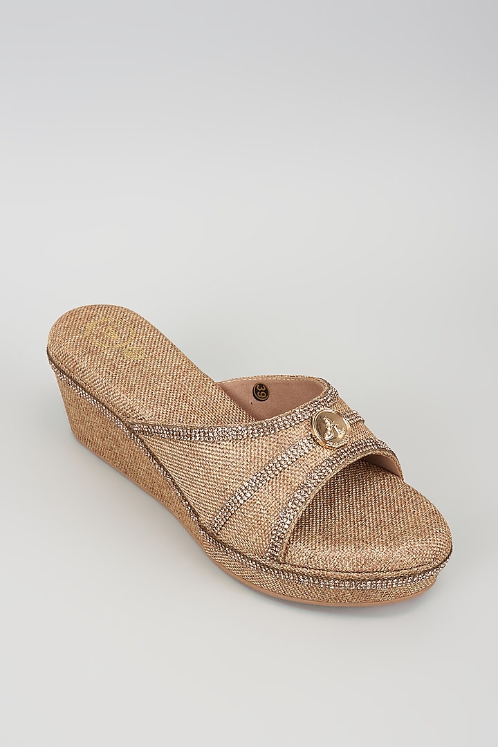 Gold Synthetic Leather Metallic Embroidered Wedges by Sana K Luxurious Footwear at Pernia's Pop Up Shop
