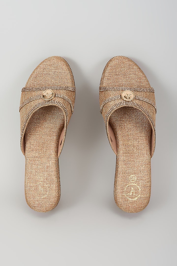 Gold Synthetic Leather Metallic Embroidered Wedges by Sana K Luxurious Footwear at Pernia's Pop Up Shop
