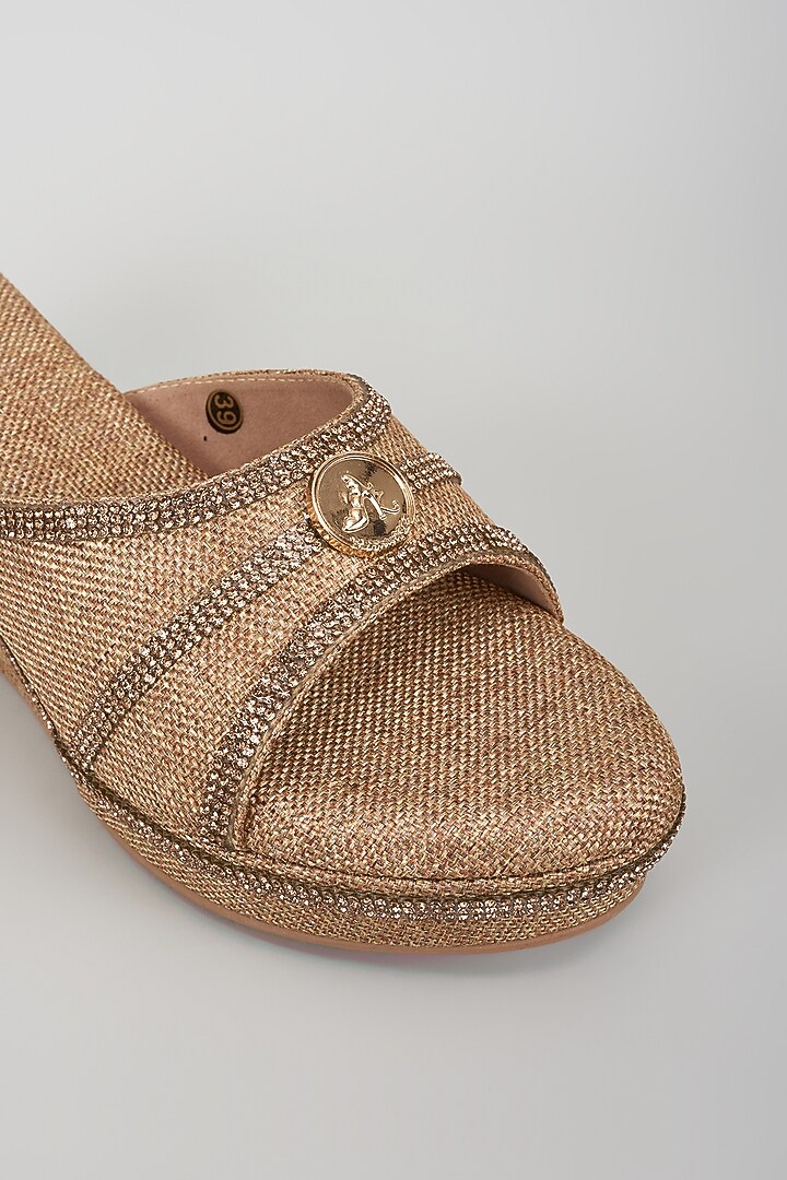 Gold Synthetic Leather Metallic Embroidered Wedges by Sana K Luxurious Footwear at Pernia's Pop Up Shop