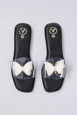 Black Vegan Leather Open-Toe Flats by Sana K Luxurious Footwear