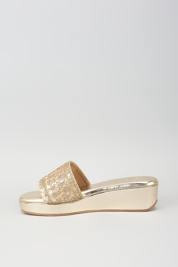 White Synthetic Leather Sequins Embroidered Wedges by Sana K Luxurious Footwear at Pernia's Pop Up Shop