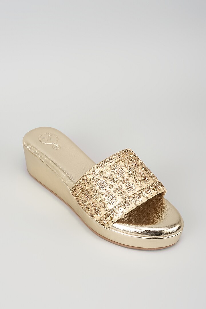 White Synthetic Leather Sequins Embroidered Wedges by Sana K Luxurious Footwear at Pernia's Pop Up Shop