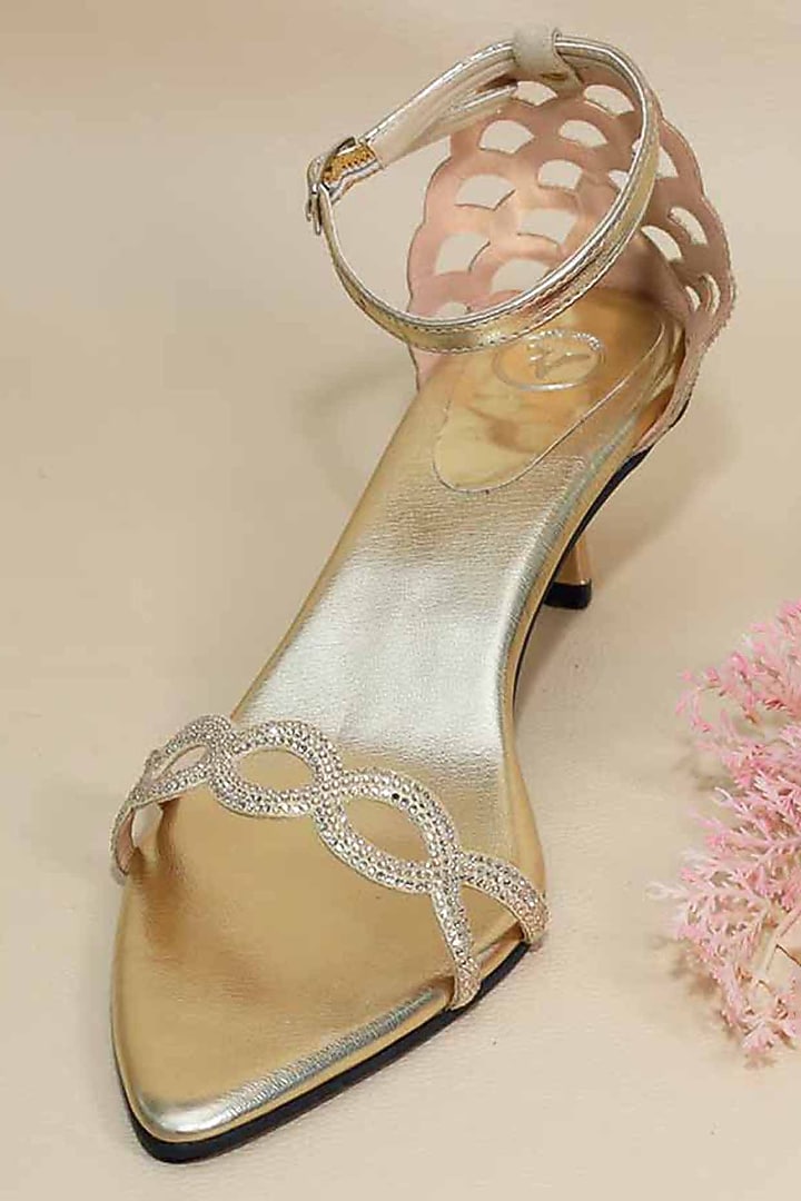 Gold Synthetic Leather Metallic Leafy Wedges by Sana K Luxurious Footwear at Pernia's Pop Up Shop