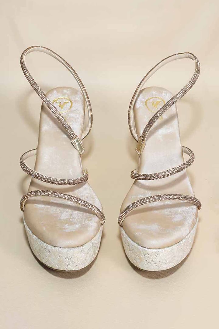 White Synthetic Leather Embellished Wedges by Sana K Luxurious Footwear at Pernia's Pop Up Shop