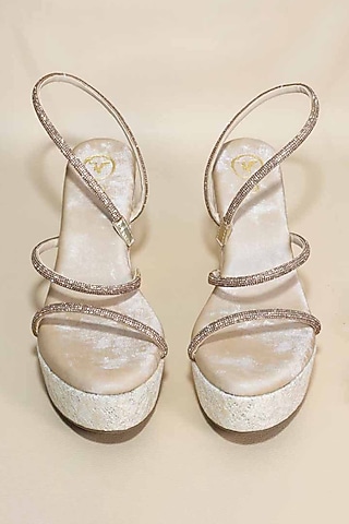 White Synthetic Leather Embellished Wedges by Sana K Luxurious Footwear