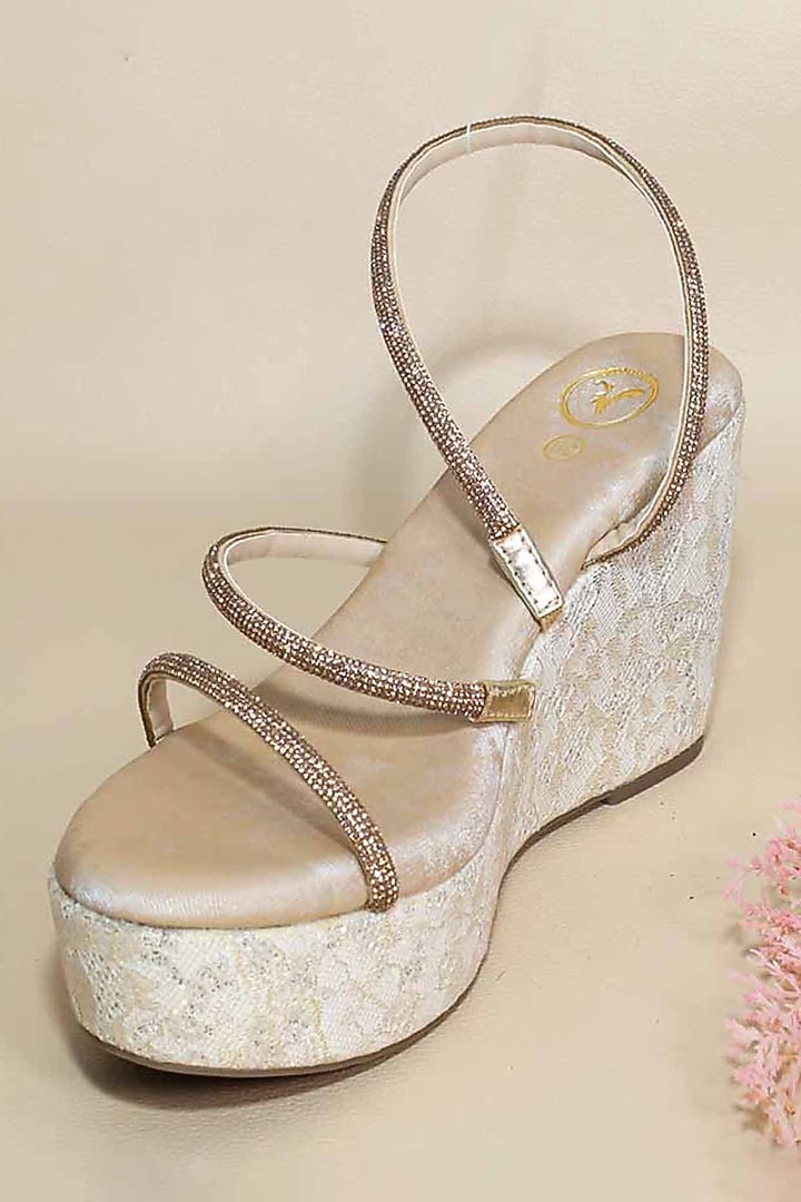 White Synthetic Leather Embellished Wedges by Sana K Luxurious Footwear at Pernia's Pop Up Shop