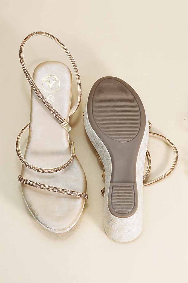 White Synthetic Leather Embellished Wedges by Sana K Luxurious Footwear at Pernia's Pop Up Shop