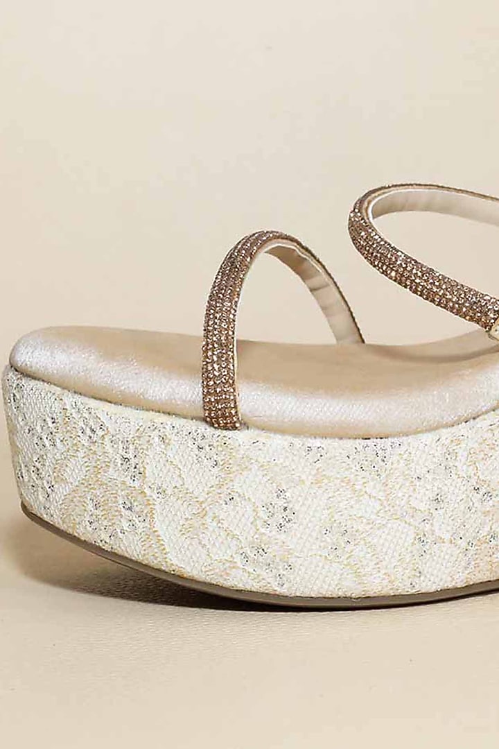 White Synthetic Leather Embellished Wedges by Sana K Luxurious Footwear at Pernia's Pop Up Shop