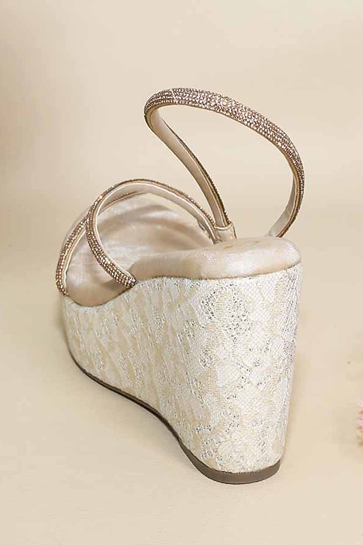 White Synthetic Leather Embellished Wedges by Sana K Luxurious Footwear at Pernia's Pop Up Shop