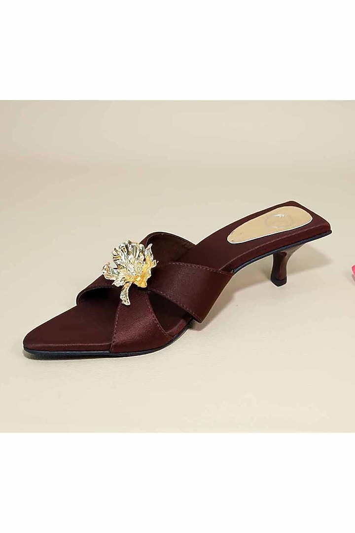 Brown Synthetic Leather Floral Embellished Heels by Sana K Luxurious Footwear at Pernia's Pop Up Shop