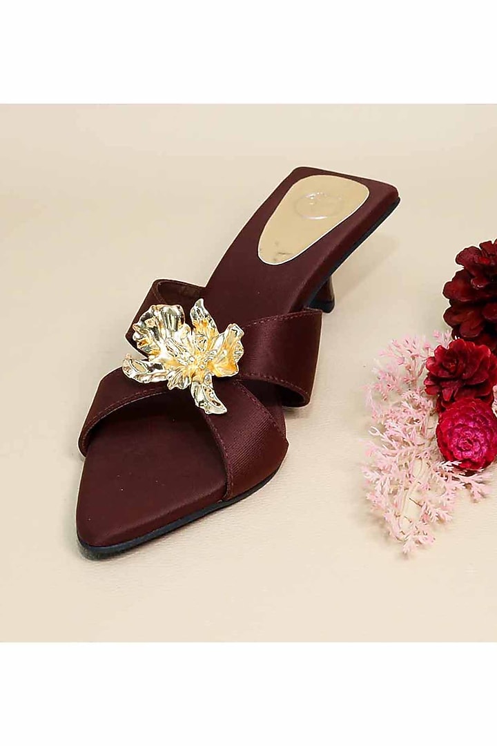 Brown Synthetic Leather Floral Embellished Heels by Sana K Luxurious Footwear at Pernia's Pop Up Shop
