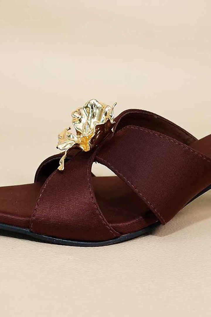 Brown Synthetic Leather Floral Embellished Heels by Sana K Luxurious Footwear at Pernia's Pop Up Shop