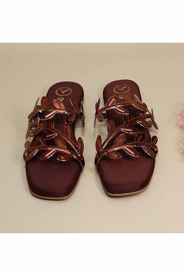 Brown Synthetic Leather Leafy Flats by Sana K Luxurious Footwear at Pernia's Pop Up Shop
