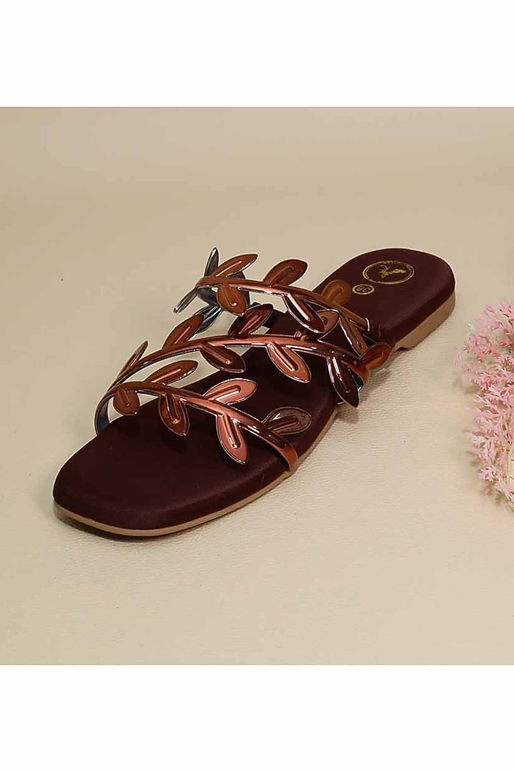 Brown Synthetic Leather Leafy Flats by Sana K Luxurious Footwear at Pernia's Pop Up Shop