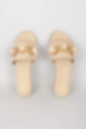 Beige Vegan Faux Leather Floral Embroidered Flats by Sana K Luxurious Footwear at Pernia's Pop Up Shop