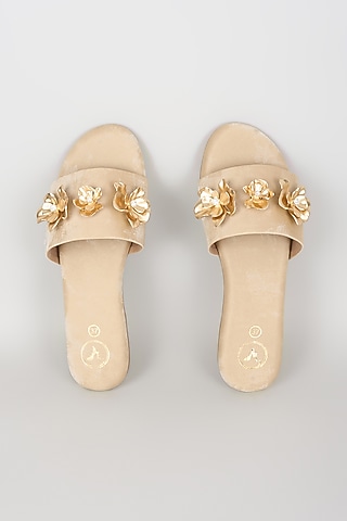 Beige Vegan Faux Leather Floral Embroidered Flats by Sana K Luxurious Footwear