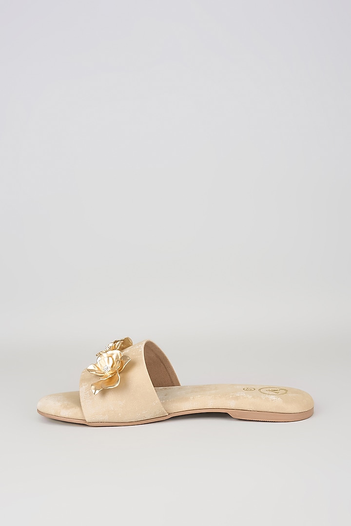 Beige Vegan Faux Leather Floral Embroidered Flats by Sana K Luxurious Footwear at Pernia's Pop Up Shop