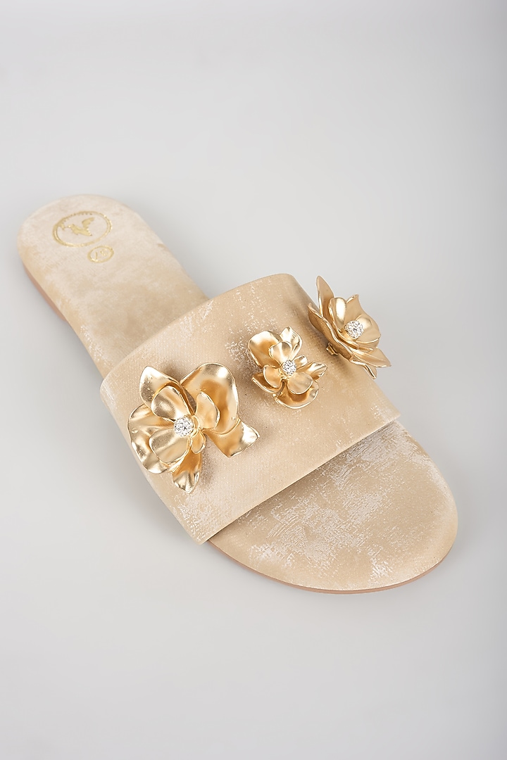 Beige Vegan Faux Leather Floral Embroidered Flats by Sana K Luxurious Footwear at Pernia's Pop Up Shop
