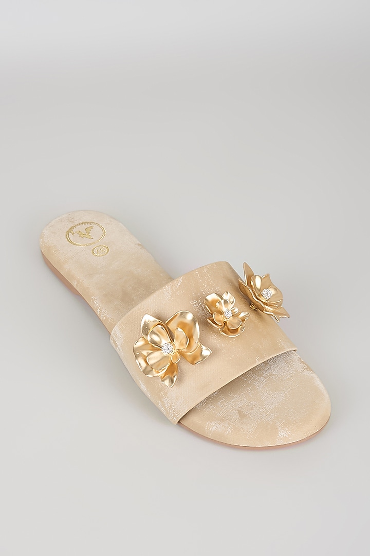 Beige Vegan Faux Leather Floral Embroidered Flats by Sana K Luxurious Footwear at Pernia's Pop Up Shop