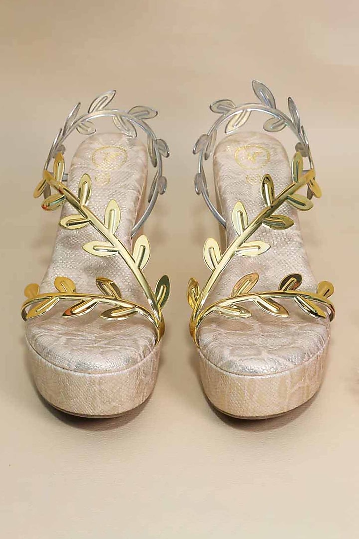 Gold Synthetic Leather Metallic Leafy Wedges by Sana K Luxurious Footwear at Pernia's Pop Up Shop